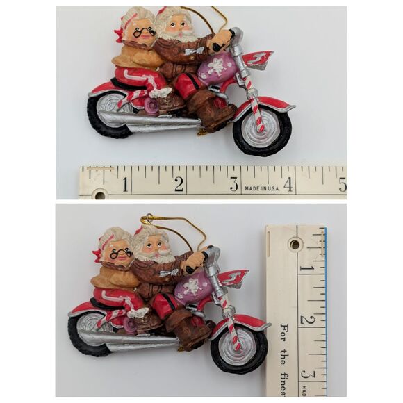 Motorcycle Santa Christmas Ornaments Set of 3 Hanging Resin Mr & Mrs Claus Biker - Picture 9 of 10